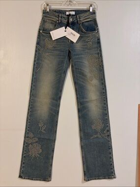 NWT Blumarine Studded Floral Straight-Leg Jeans - Blue
